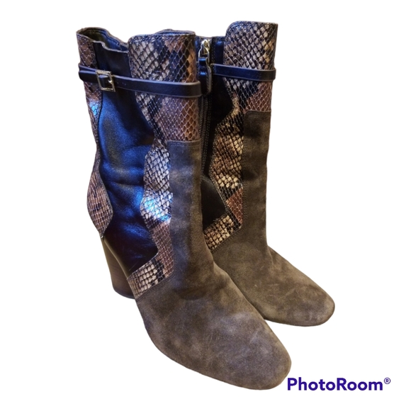 Tory Burch Size 10 Renault Suede and Leather Snakeskin Embossed Ankle Boots - Picture 2 of 7